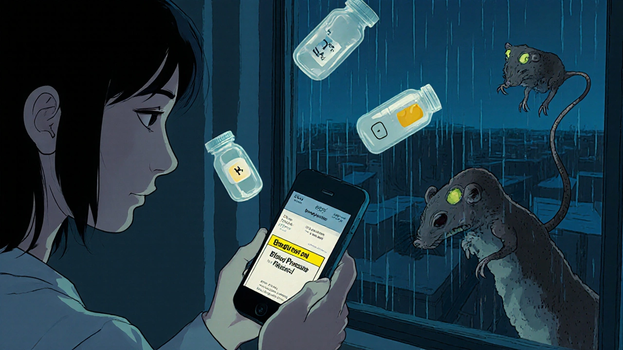 A woman holding a dangerous counterfeit pill bottle, ghostly correct meds floating beside her, glowing phishing email on her phone.