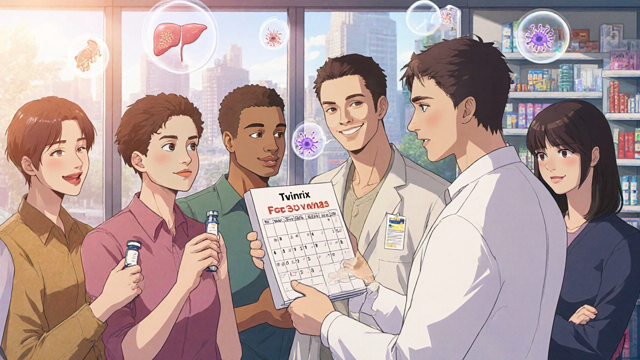 Adults getting hepatitis A and B vaccines at a pharmacy, with one checking their vaccination schedule under warm afternoon light.