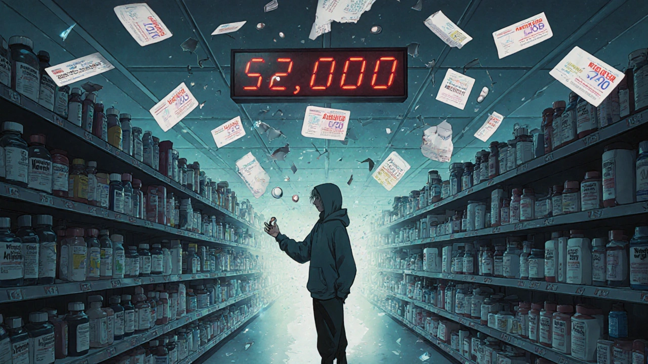 An endless pharmacy aisle with glowing drug names, a figure reaching for a pill that fades away, as a ,000 cap counter counts down.