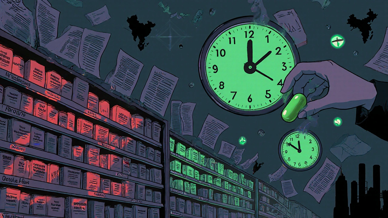 An infinite pharmacy shelf with red-glowing NTID drugs and green generic pills, surrounded by FDA inspection reports.