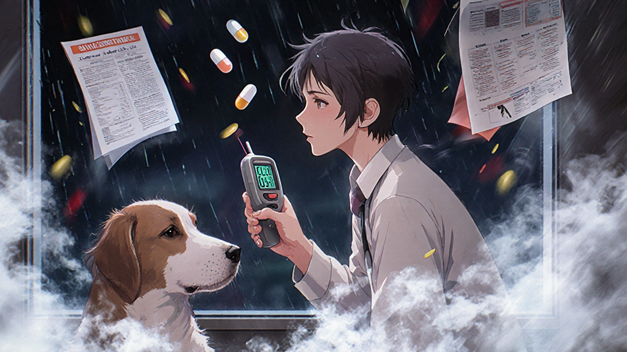 An owner holds a thermometer beside a trembling dog, medical charts float in the air, emergency clinic visible through rain-streaked window.