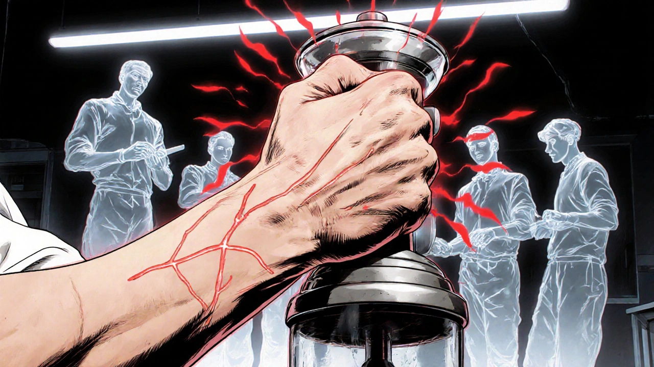 Barista gripping a grinder as pressure waves radiate from wrist, with ghostly workers in background sharing the same strain.