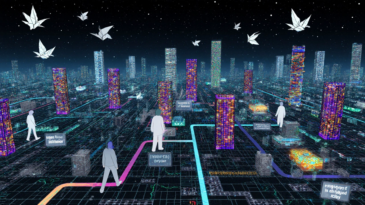 Digital genome cityscape with glowing gene towers representing metabolic variations.