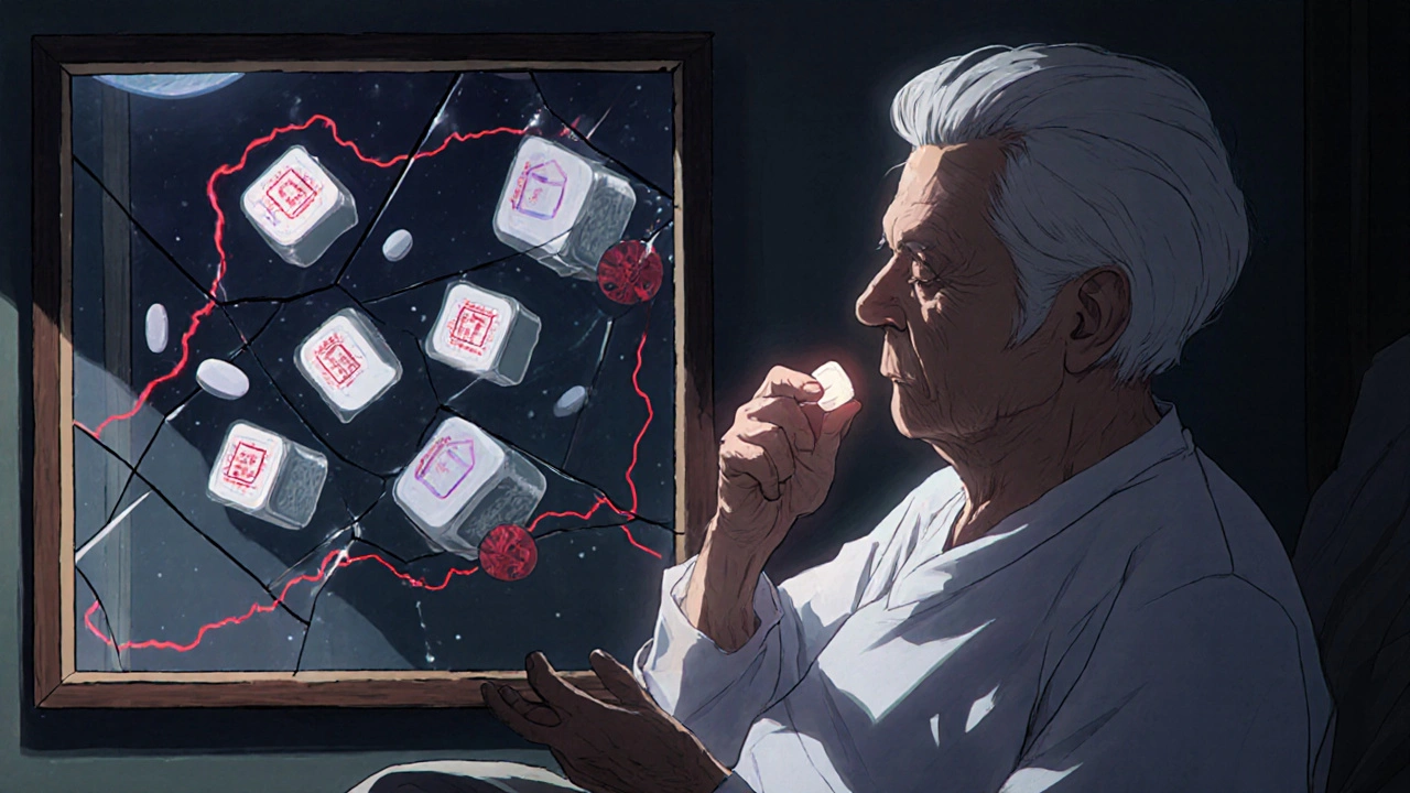 Elderly patient taking a generic pill as reflections of global drug production shimmer in a mirror.