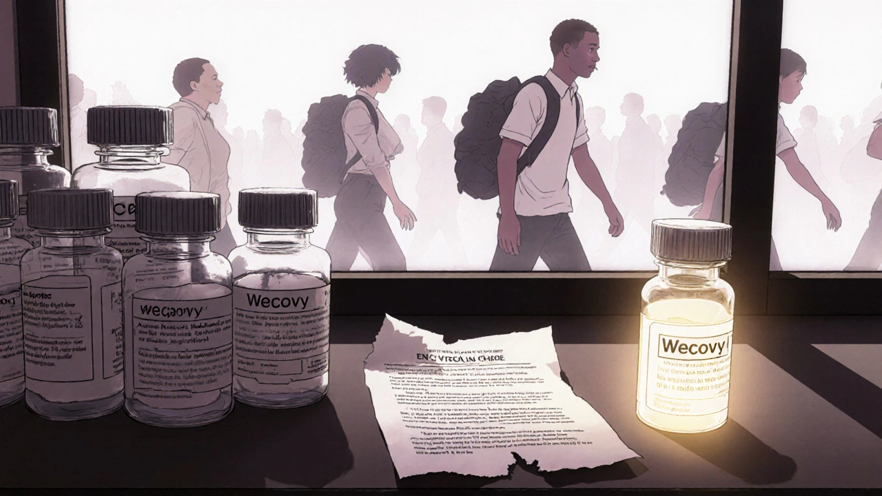 Empty Wegovy bottles on a pharmacy shelf beside an insurance denial under morning light.