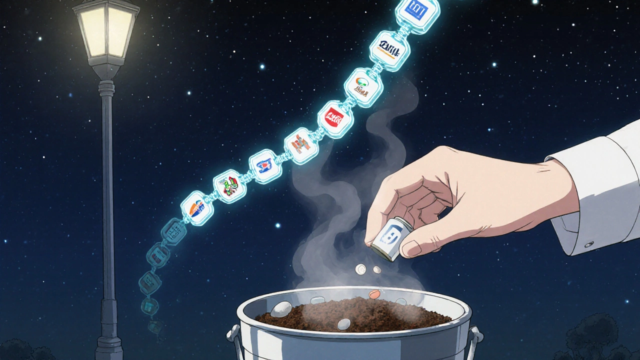 Expired pills being disposed in coffee grounds with blockchain trail fading into stars.