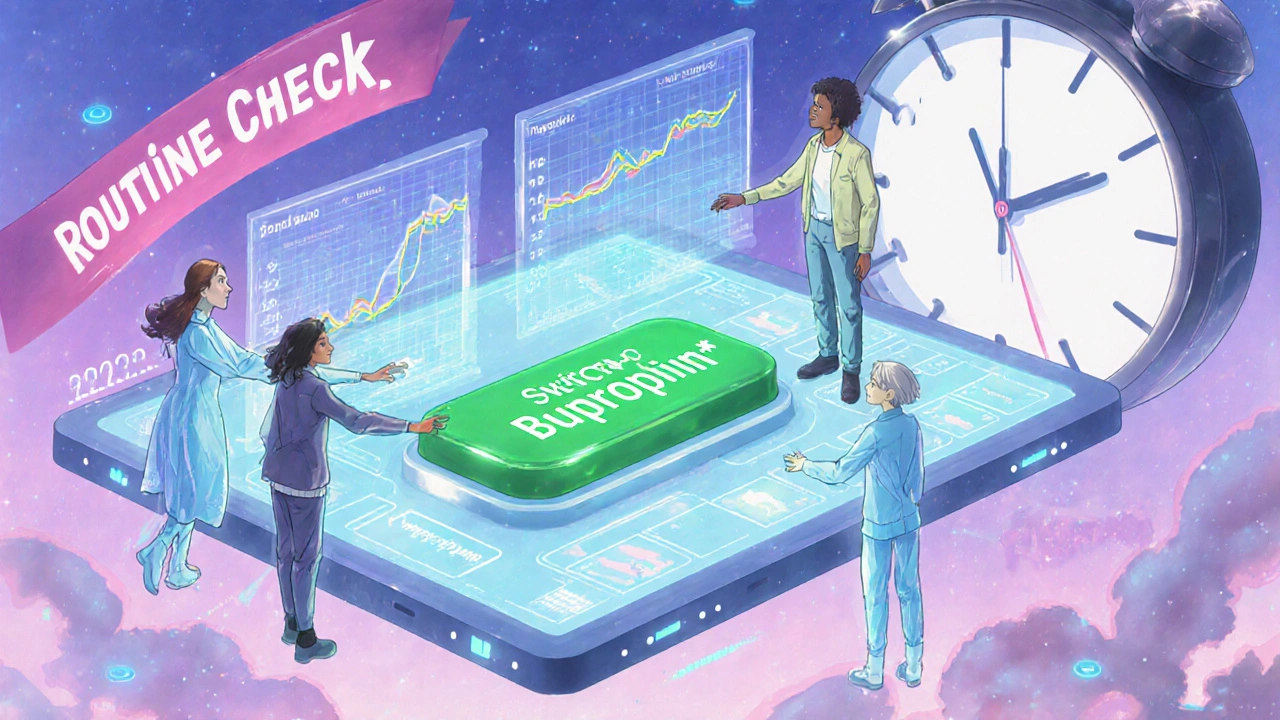 Holographic health data floats above diverse patients reaching for a treatment option labeled &#039;Switch to Bupropion&#039;.