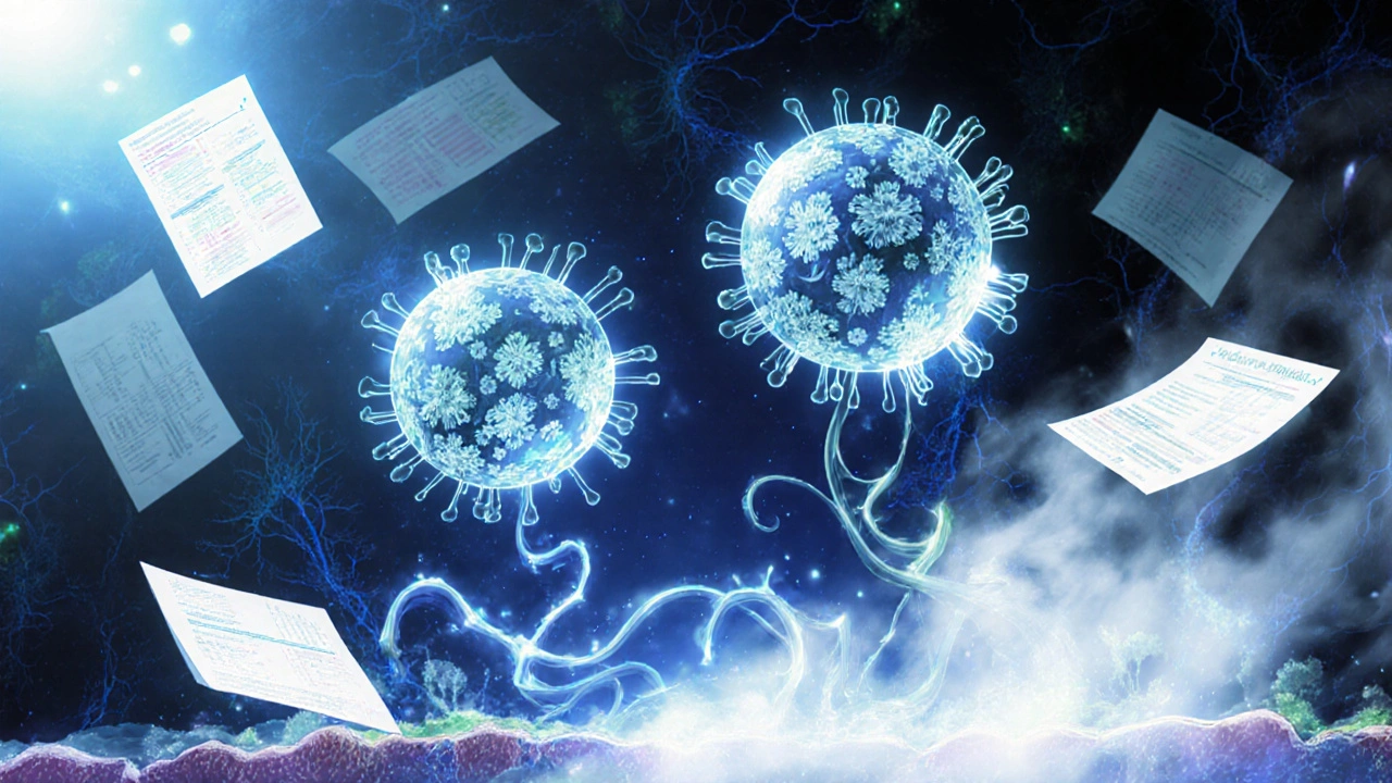 HSV-1 and HSV-2 viruses appear as ethereal forms under a glowing microscope, their DNA unraveling into dreamlike landscapes.