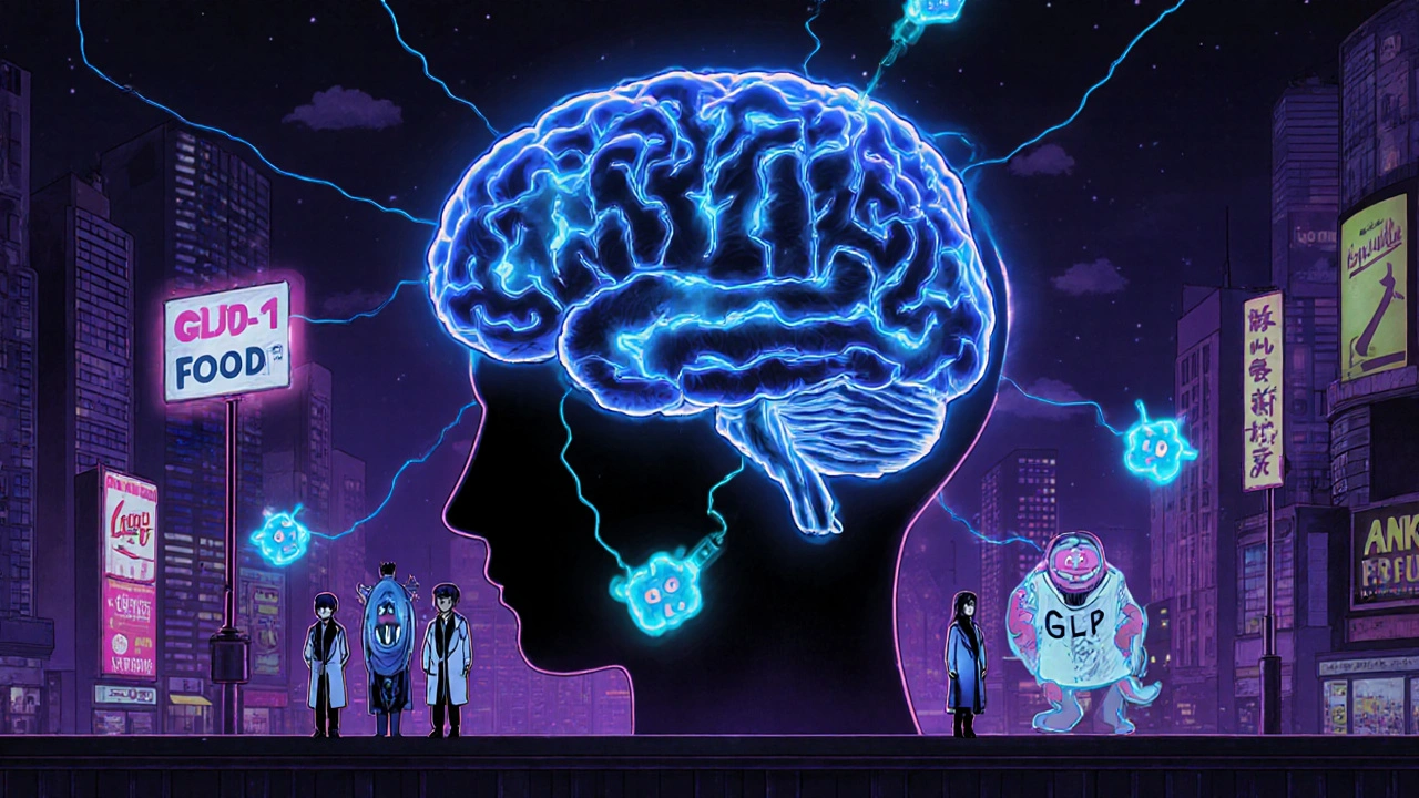 Illuminated brain with glowing neural pathways suppressing cravings and food impulses.