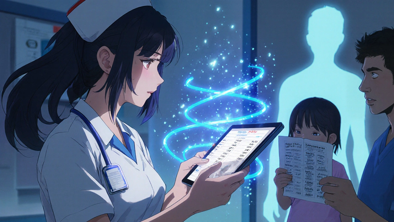 Nurse using a hospital pediatric dosing app in ER with digital dosage visualization above child.