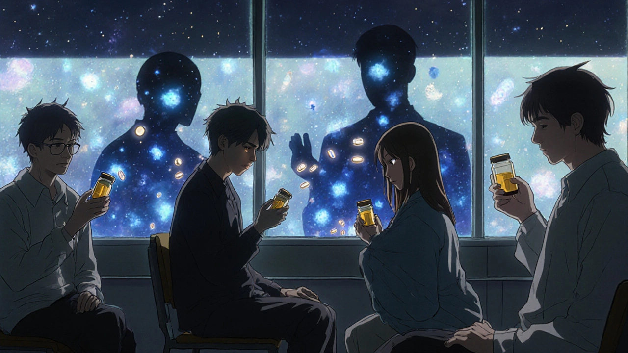 Patients in a waiting room reflected in a pharmacy window that transforms into a galaxy of drug molecules.