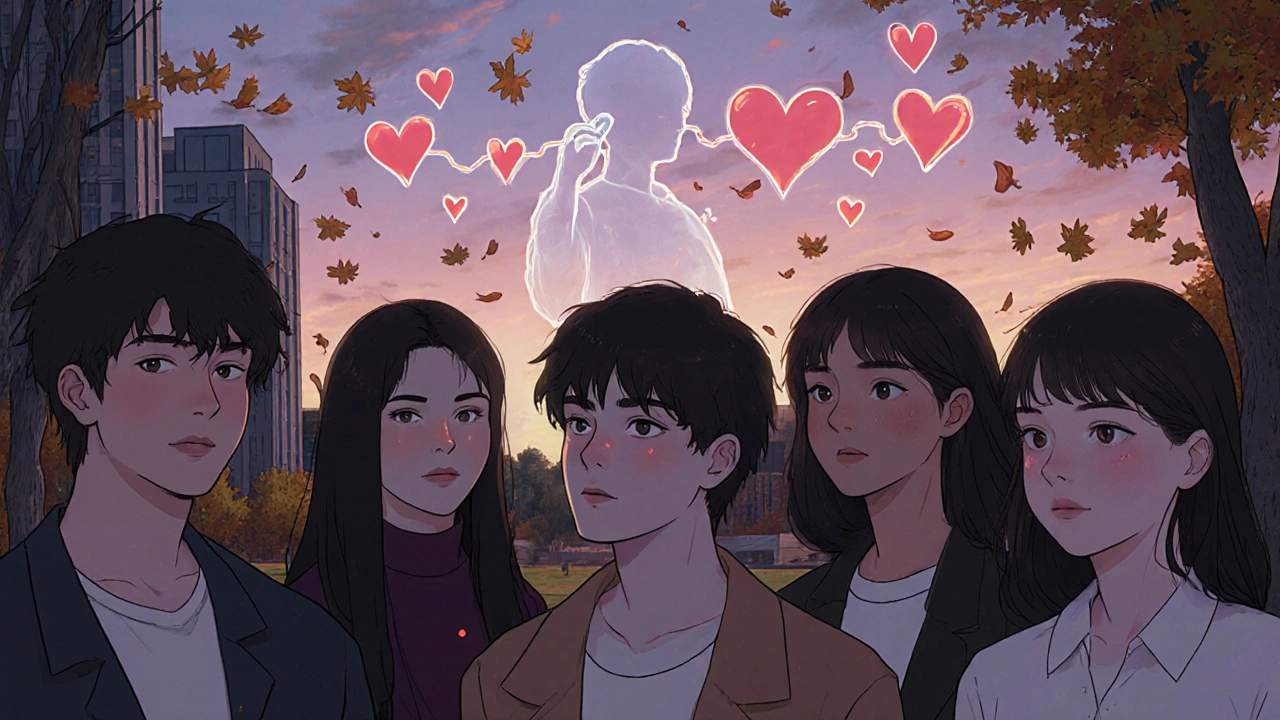 People in a park carry faint glowing marks symbolizing asymptomatic herpes, with hearts forming in the air around them.