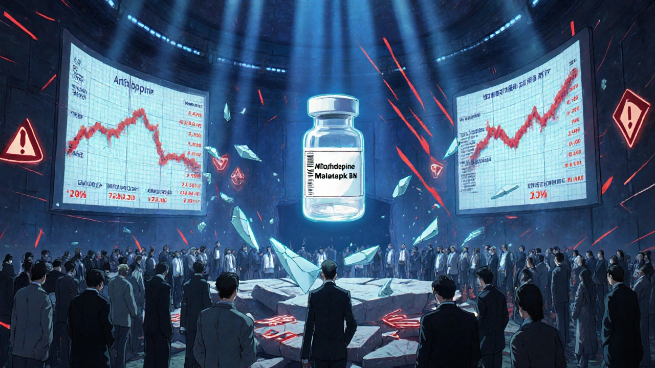 Pharmaceutical auction in China with plummeting price holograms and a suspended drug vial.