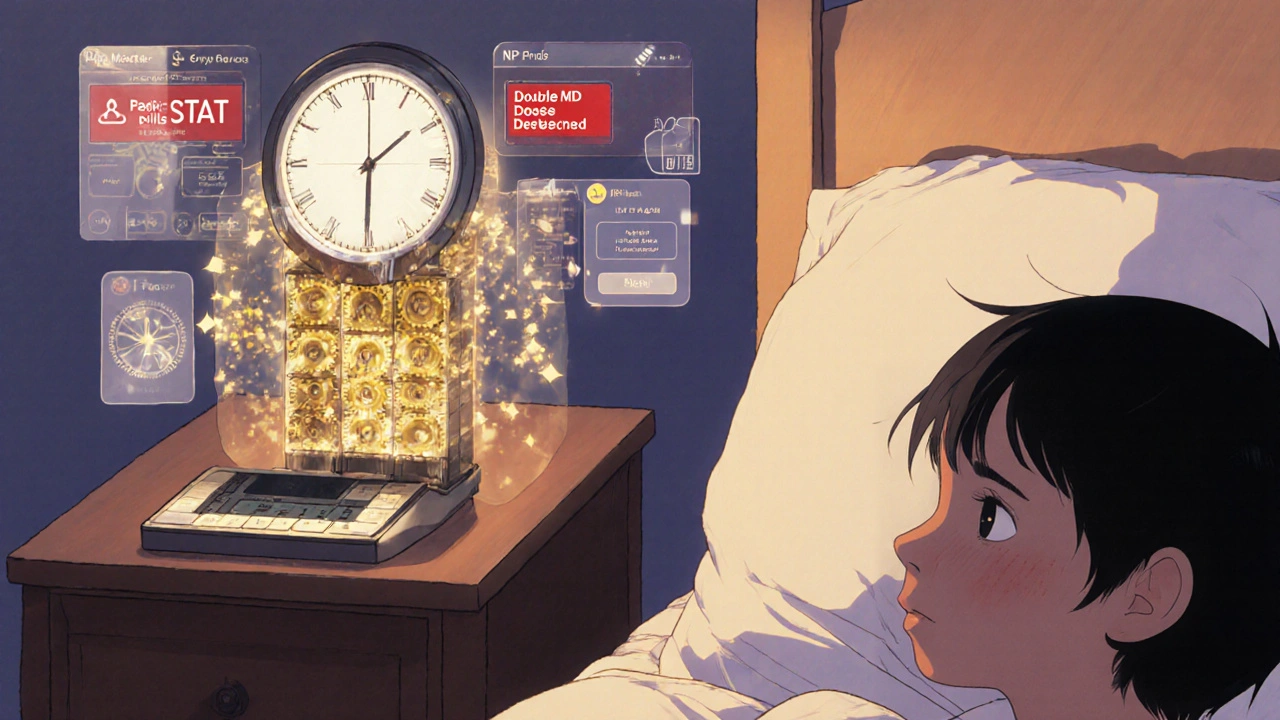 Smart pill dispenser unlocking at dawn with floating medical app interfaces in the air above.