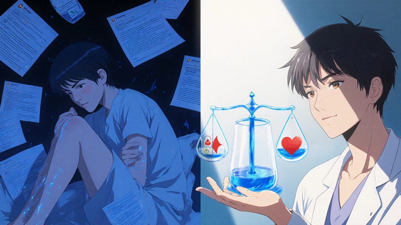 Split dream: one side shows pain and fear, the other peace and a safe pill, with water flowing through veins.