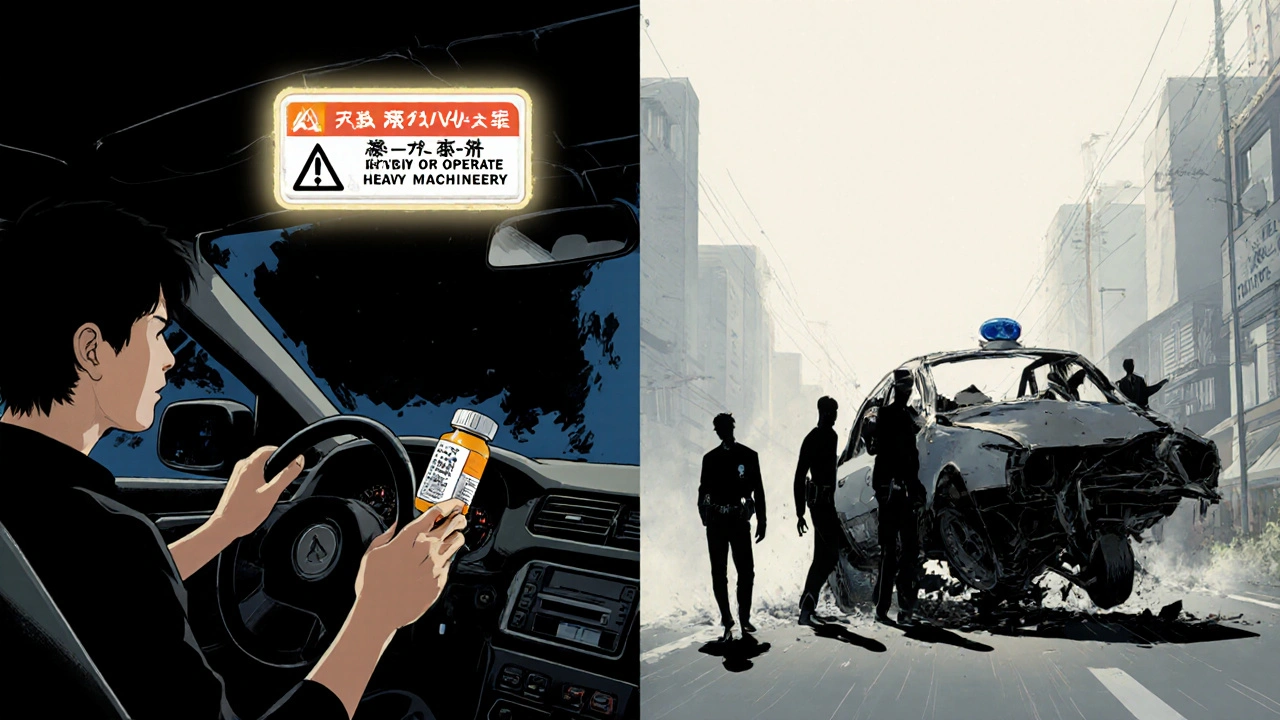 Split scene: safe driver vs. crash as opioid warning glows above a wrecked car.