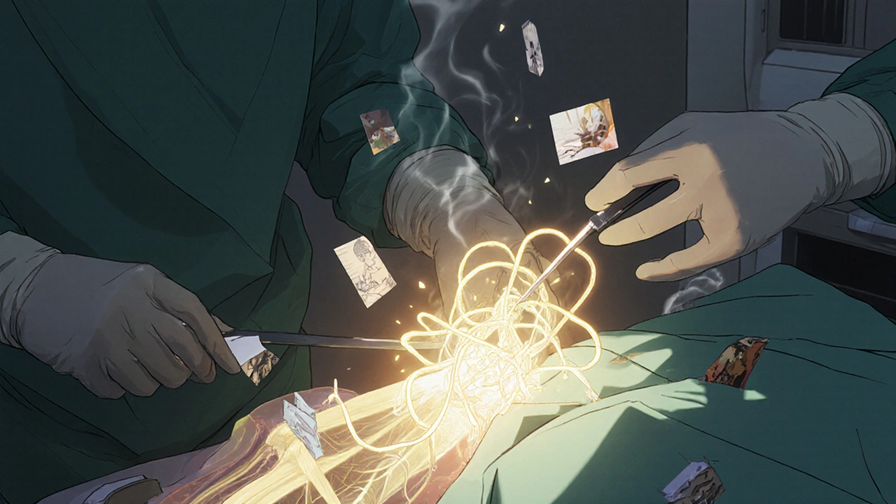 Surgeon releasing a compressed nerve during surgery, golden light bursting as fragmented memories dissolve around the hand.