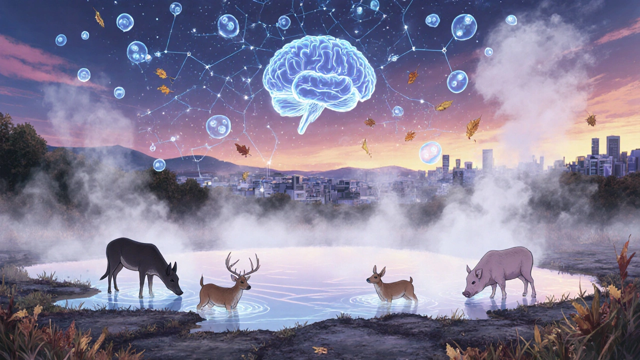 Thermal spring with animals drinking as translucent amoebas rise into the sky, forming a brain-shaped constellation among falling leaves.