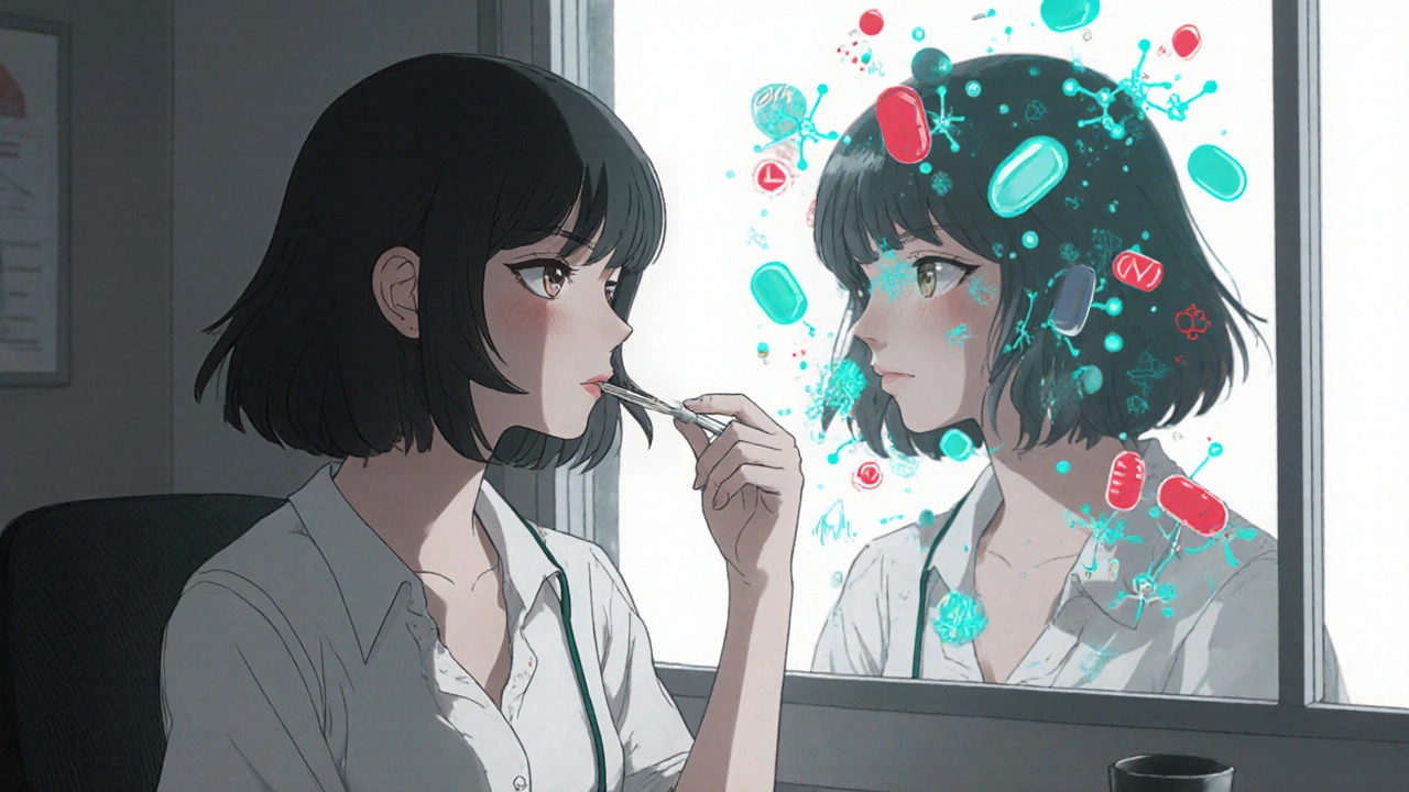 Woman in psychiatrist's office, her reflection showing drug molecules and warning symbols.