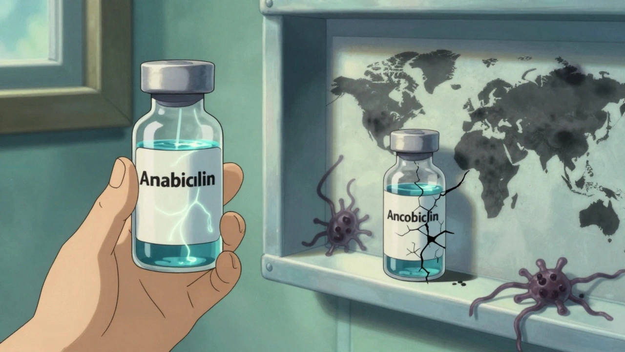 A child&#039;s antibiotic vial decaying in two environments, with spreading resistance symbols across a map.
