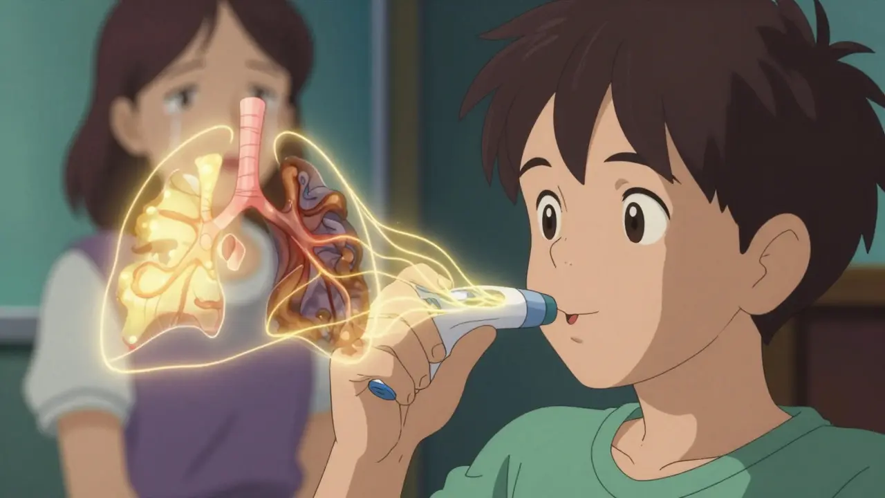 A child blowing into a medical device as golden breath threads form a visual of healthy vs. inflamed airways.