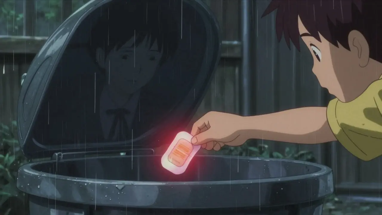 A child pulling a glowing fentanyl patch from a trash bin, parent unaware in the background.