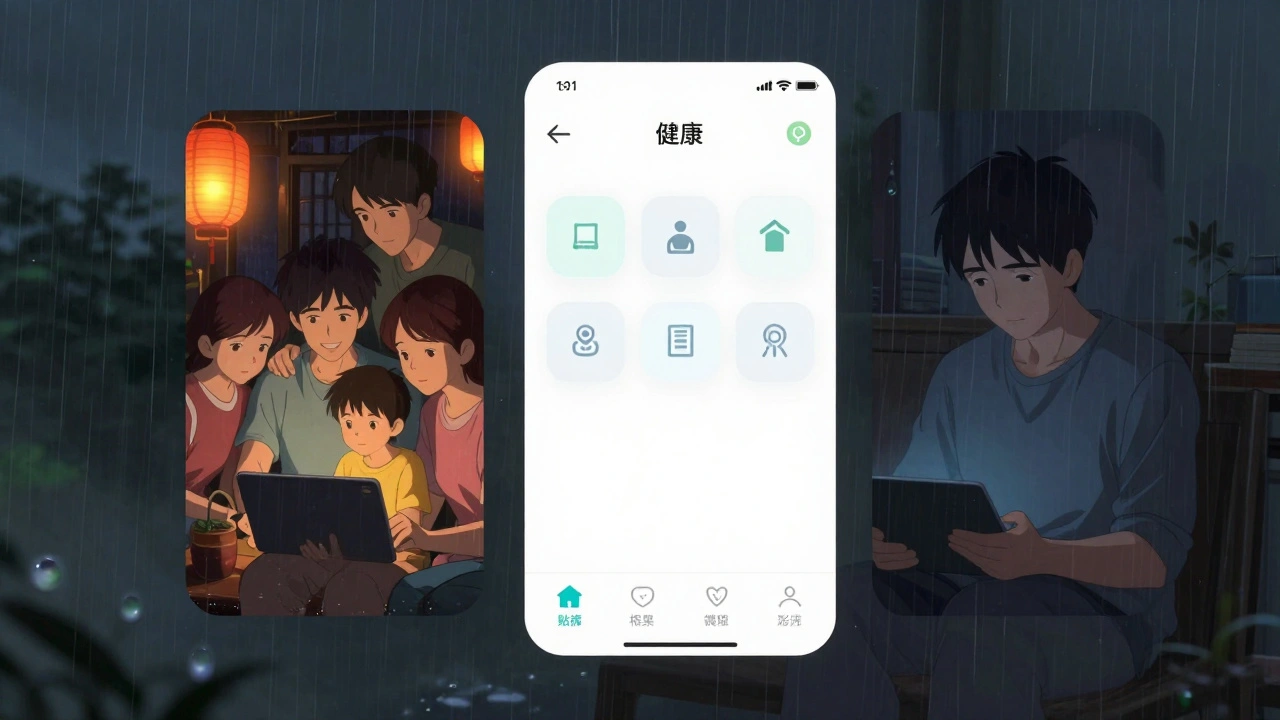 A digital health app displays glowing peer testimonials for a family in China, while an individual in the U.S. ignores the same interface.