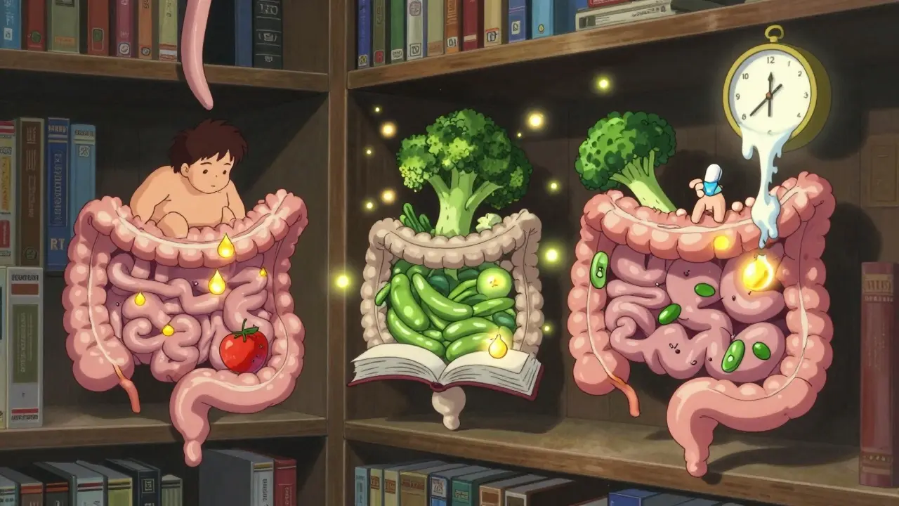 A dreamlike library of living intestines, showing EPI recovery and IBS struggles with glowing enzymes and melting clocks.