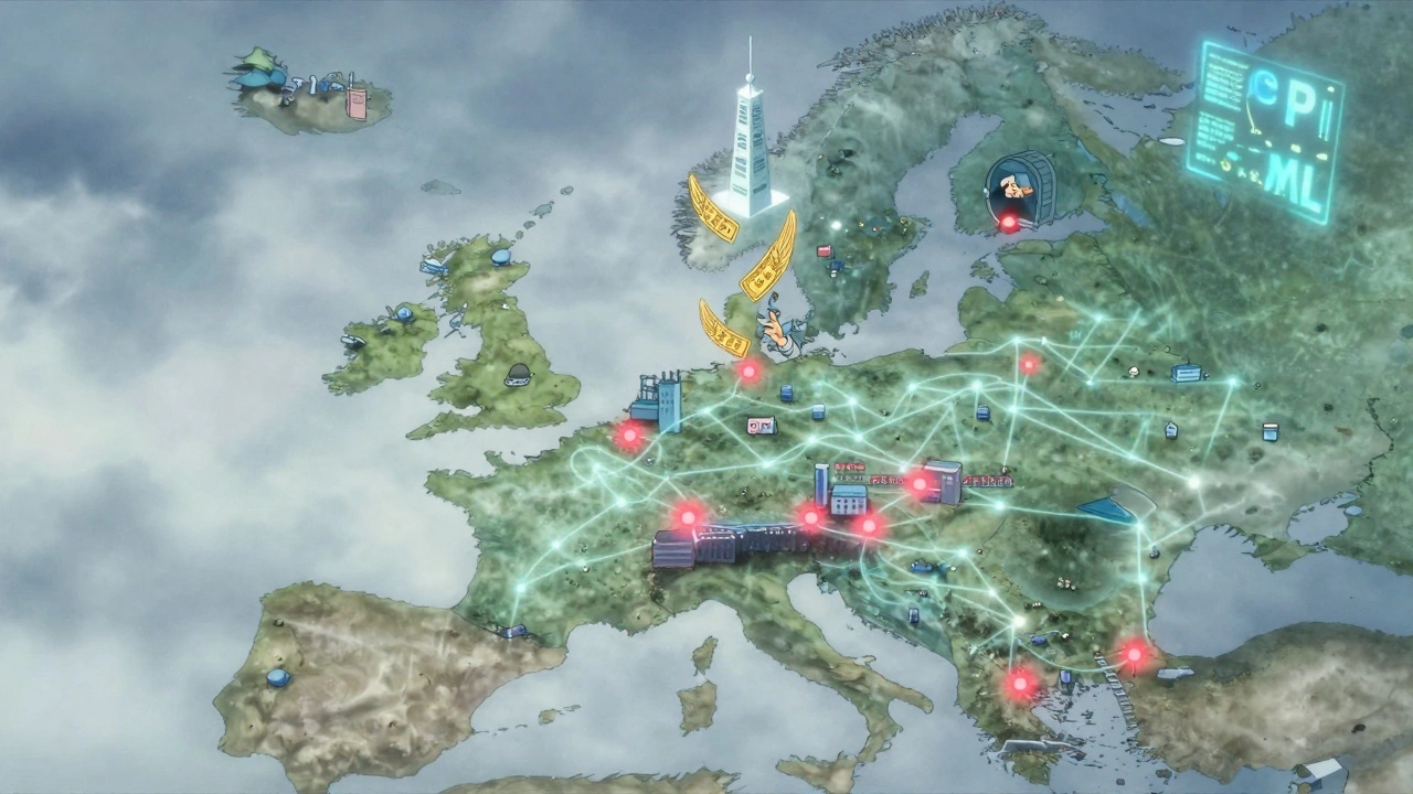 A foggy European map with supply chains and glowing vouchers, a patient reaching for a falling pill under an XML screen.