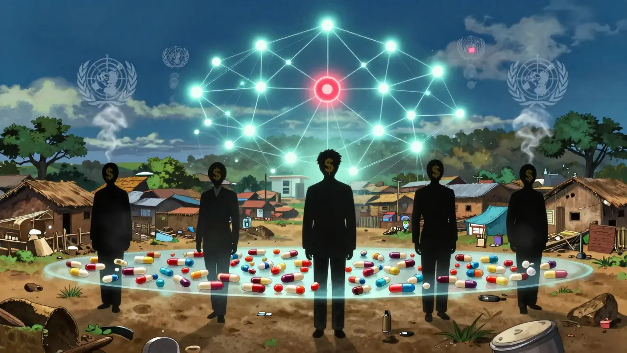 A ghostly supply chain of faceless middlemen transports fake medicines, with a fading blockchain verification signal above a rural village.