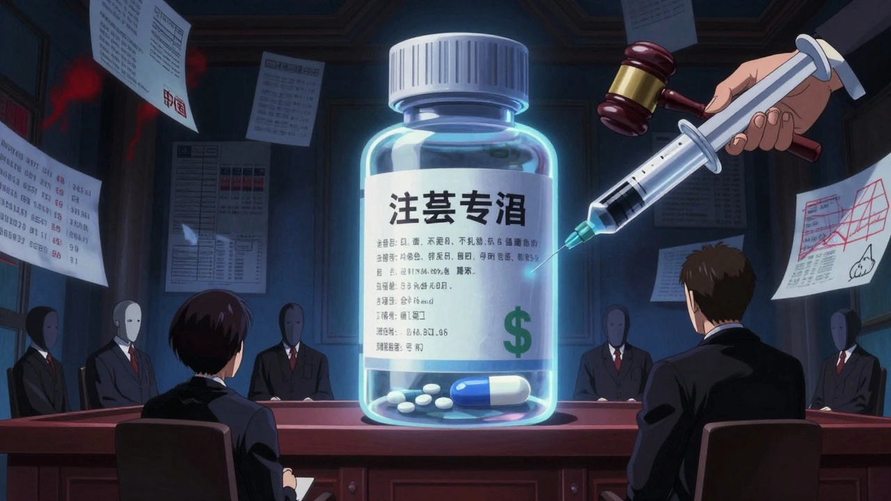 A giant branded drug bottle dominates a courtroom, overshadowing a tiny generic pill amid floating legal documents.