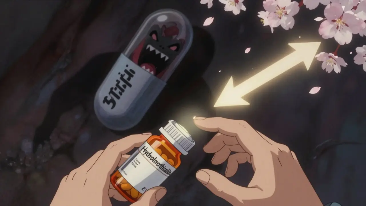 A hand reaching for a blood pressure pill as a shadowy antibiotic looms behind, with a glowing arrow pointing to safety.