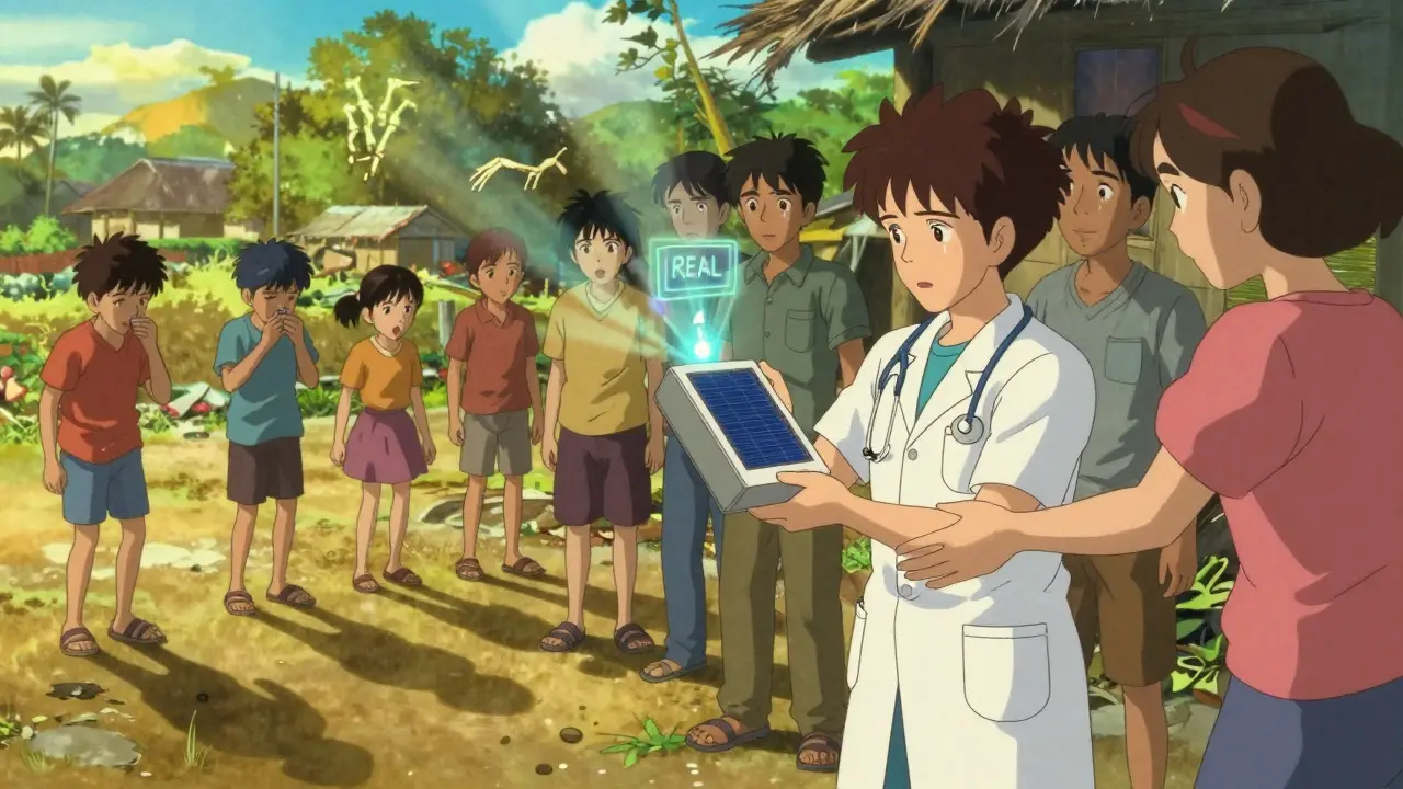 A health worker uses a solar device to verify a pill, its light casting spectral shadows of sick children in the background.