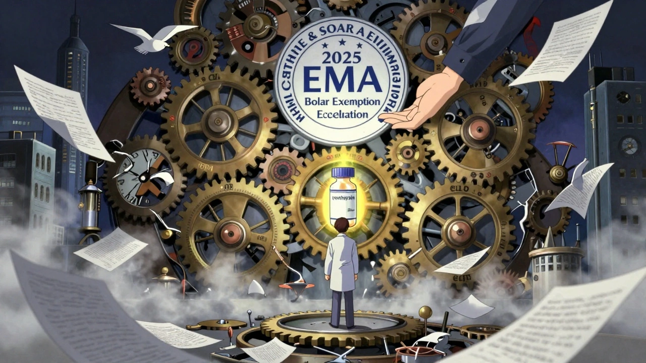 A lone figure in a broken clockwork city of EU nations, gears delayed by paperwork, with a central pulsing medication vial.