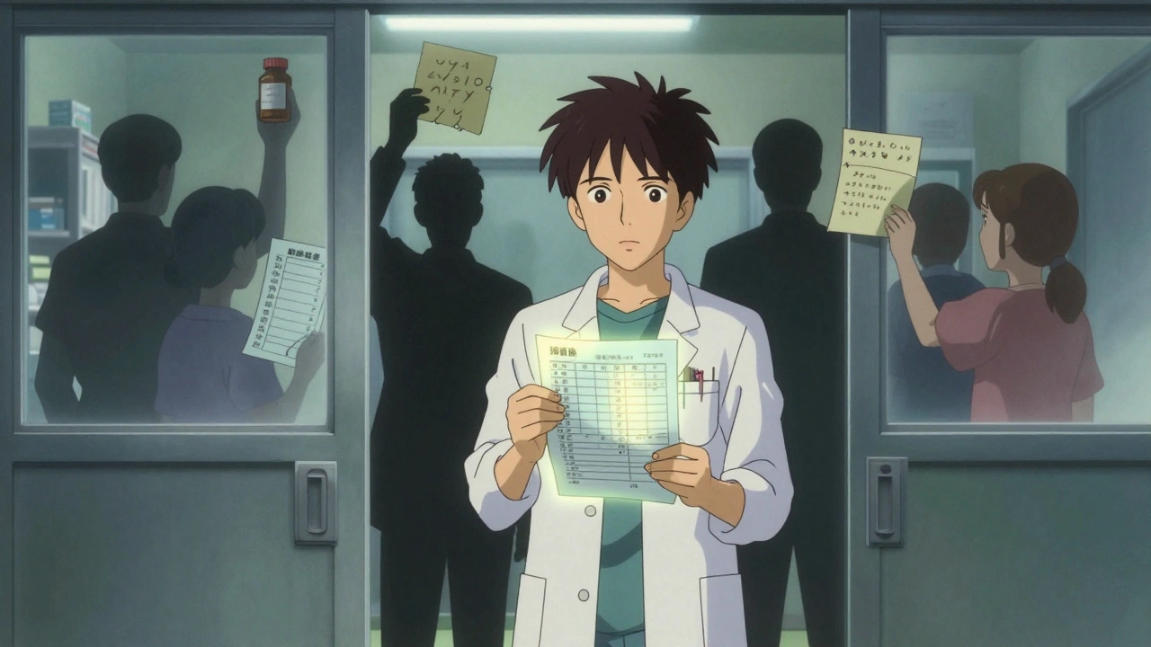 A patient at a hospital door holding a glowing medication list, with shadowy figures reaching from different dimensions.