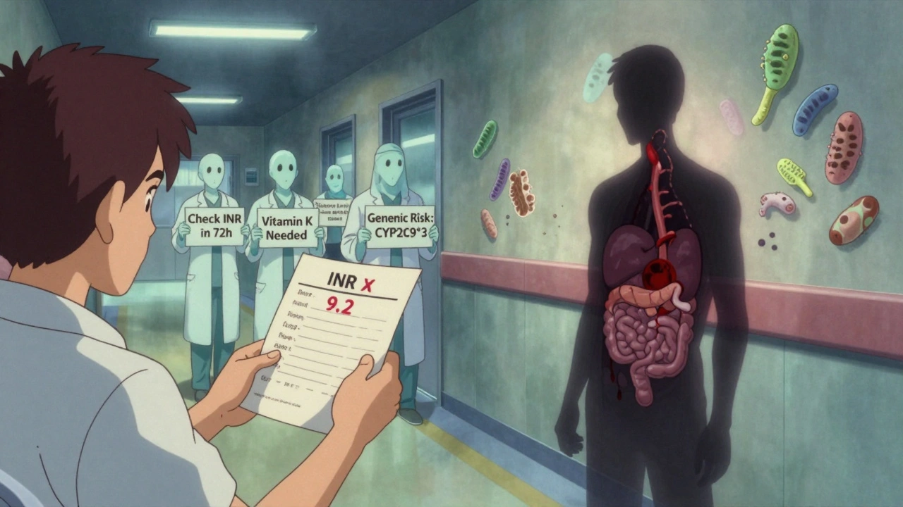 A patient holding a high INR report, their shadow showing internal bleeding, with medical warnings floating in a hospital corridor.