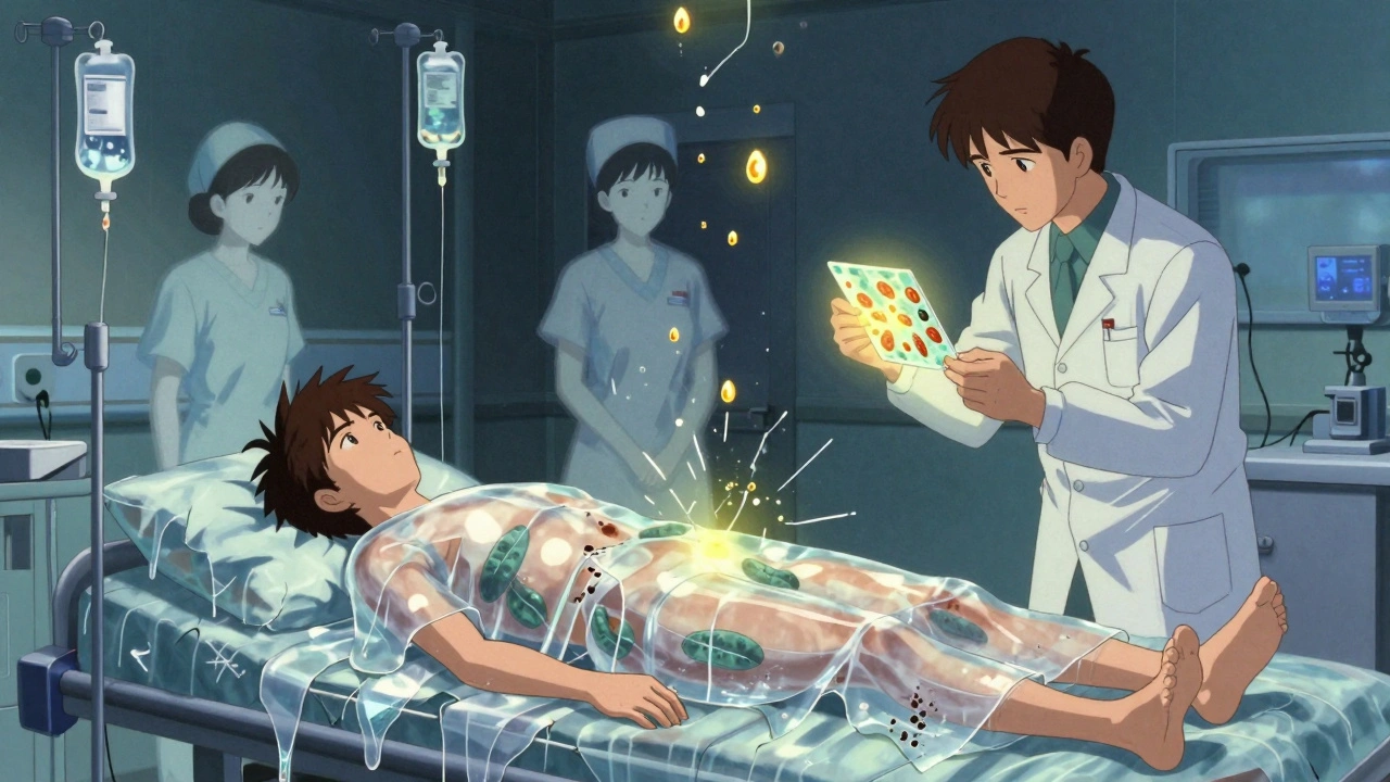 A patient in a burn unit with peeling skin hovering like shattered glass, medical staff moving silently around them.