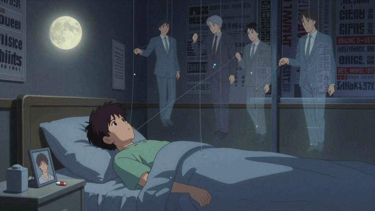 A patient lies in bed as corporate spirits manipulate pills above them, walls lined with headlines about rising drug prices.