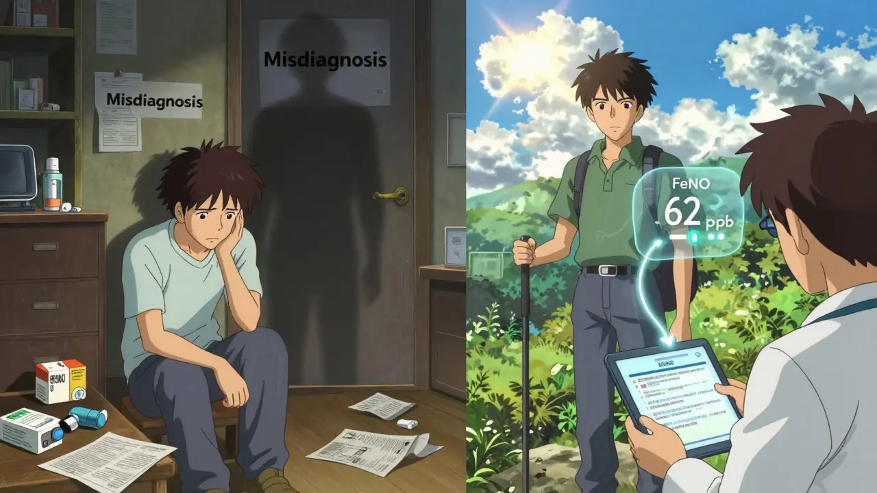 A patient transitioning from confusion and frustration to relief, with a FeNO reading guiding their improved health.