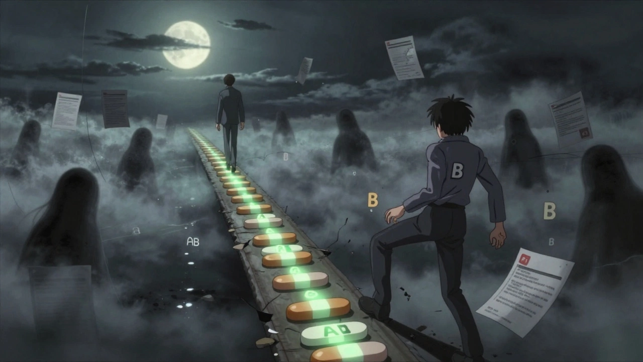 A patient walking across a bridge of pills with &#039;A&#039; and &#039;B&#039; ratings, symbolizing therapeutic equivalence.