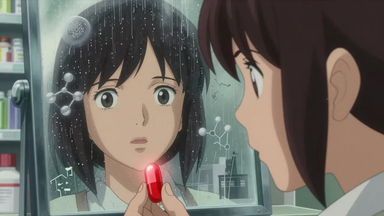 A person sees their reflection in a mirror filled with pill imprints and factory images, one red pill glowing.