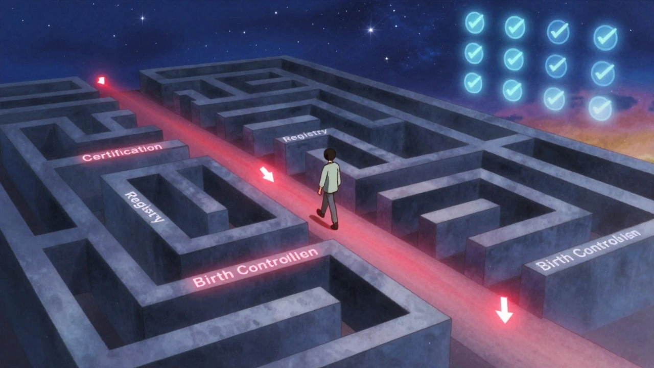 A person walking through a labyrinth of REMS requirements, with glowing warnings disappearing as they proceed.