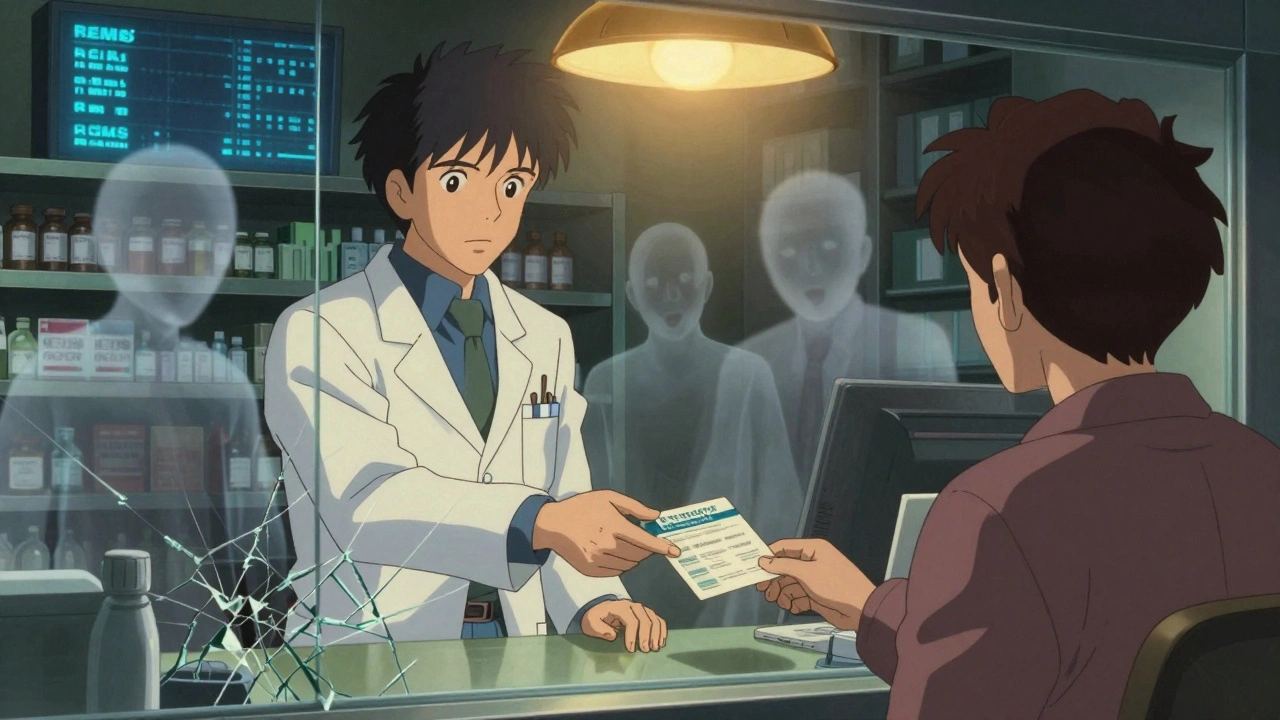 A pharmacist handing a Medication Guide while ghostly figures fade behind them in a dim pharmacy.