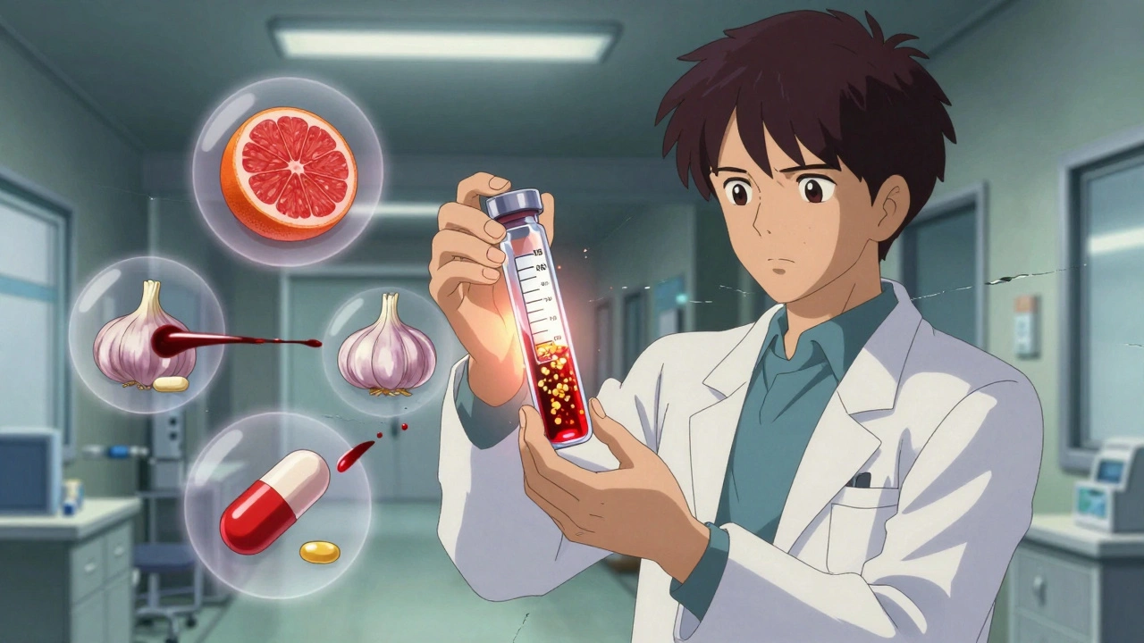 A pharmacist holding a glowing blood vial with floating warning icons of drugs and foods that interact with immunosuppressants.