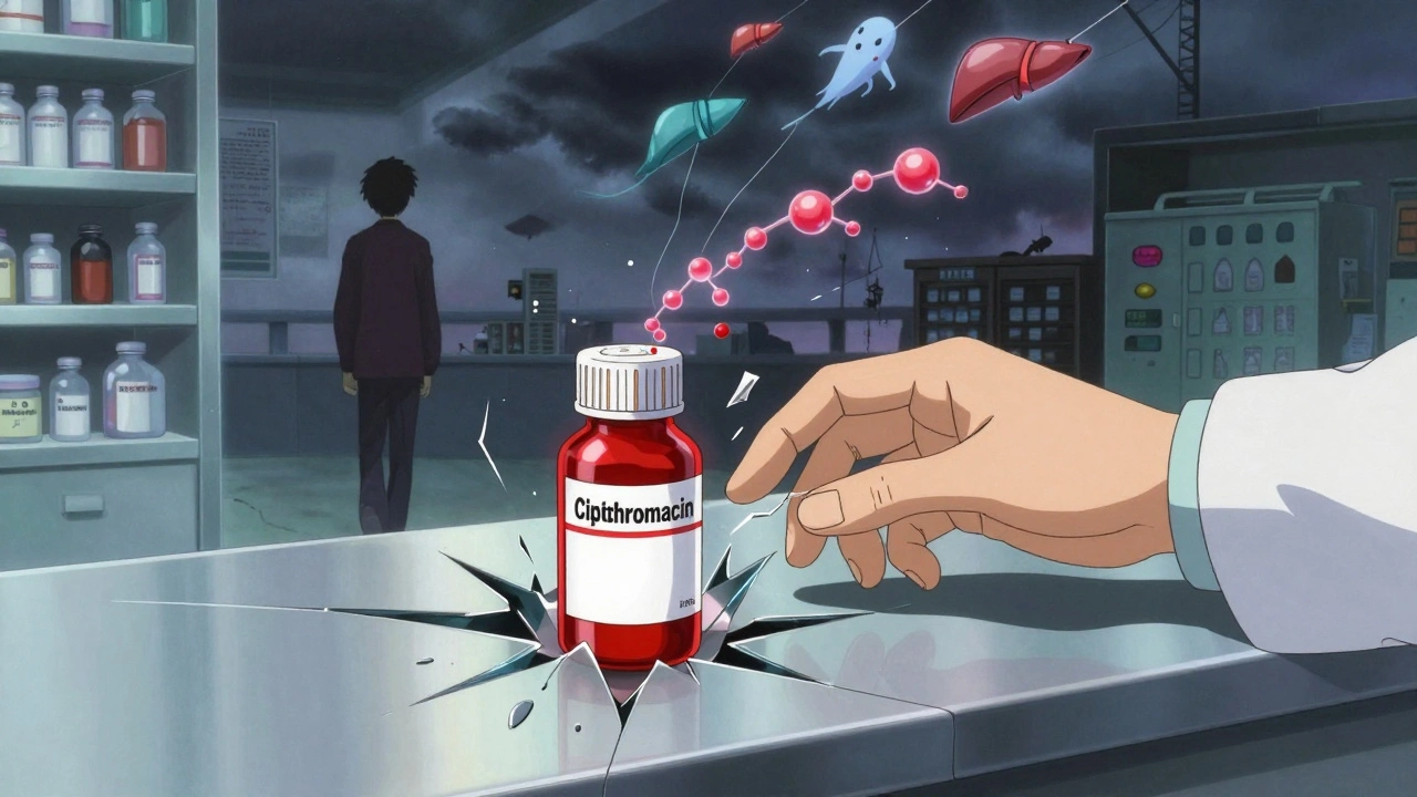 A pharmacist placing safe and dangerous antibiotics side by side, with INR graphs spiraling like ghostly kites in the background.