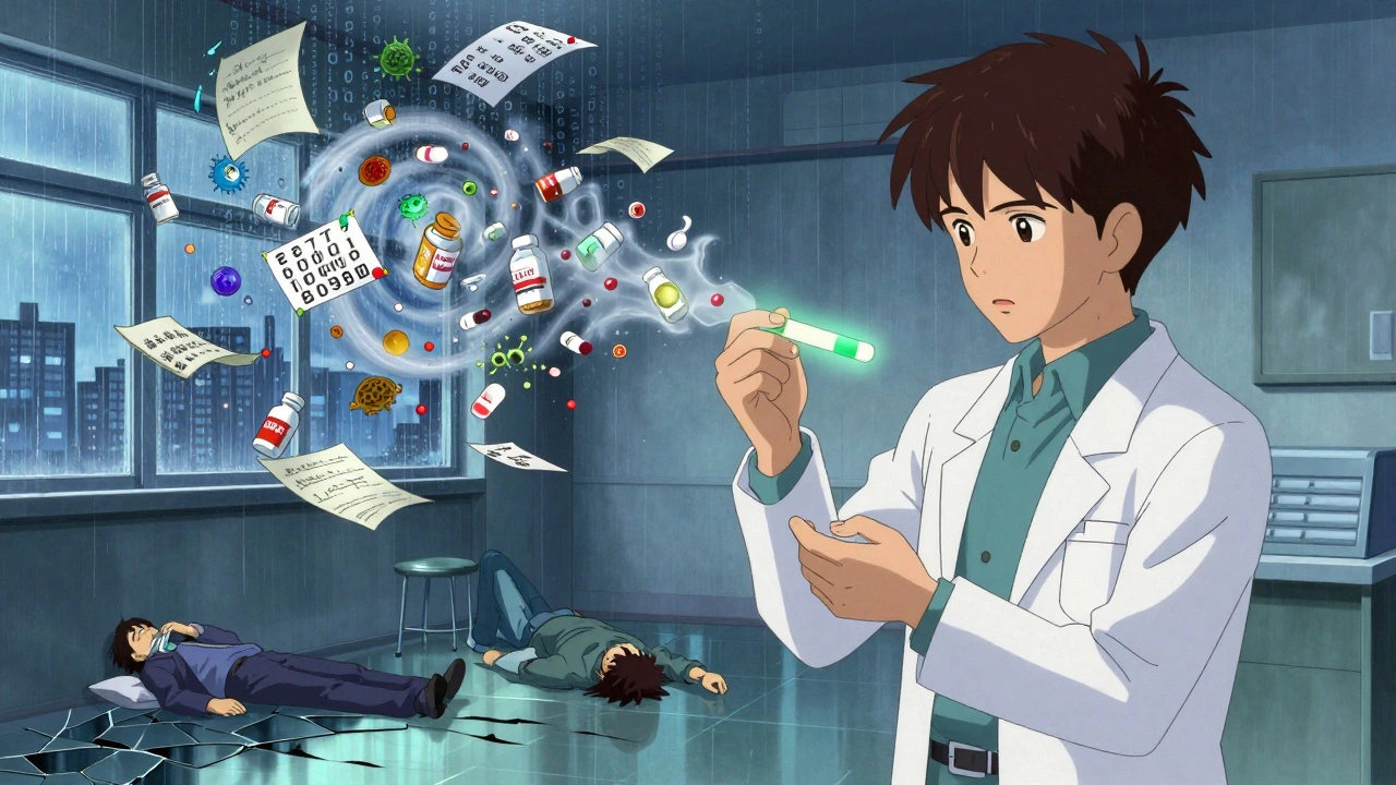 A pharmacist testing a pill with a glowing strip, surrounded by floating expiration dates and microbial data.