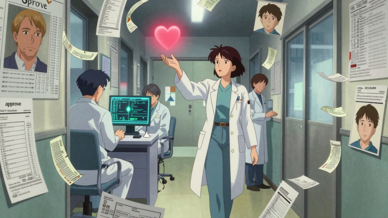 A pharmacist walking through a hallway of dissolving medical records and glowing EHR screens, symbolizing communication breakdowns.