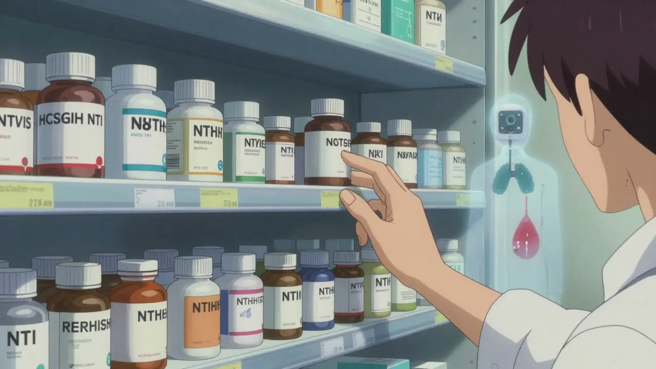A pharmacy shelf with generic meds, ghostly health monitors flickering behind a reaching hand.