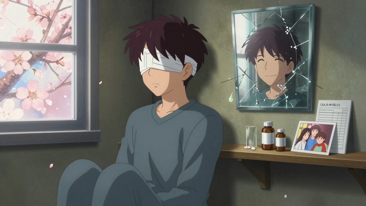 A survivor in a quiet room, bandaged eye reflecting their past self, surrounded by medical reminders and falling cherry blossoms.