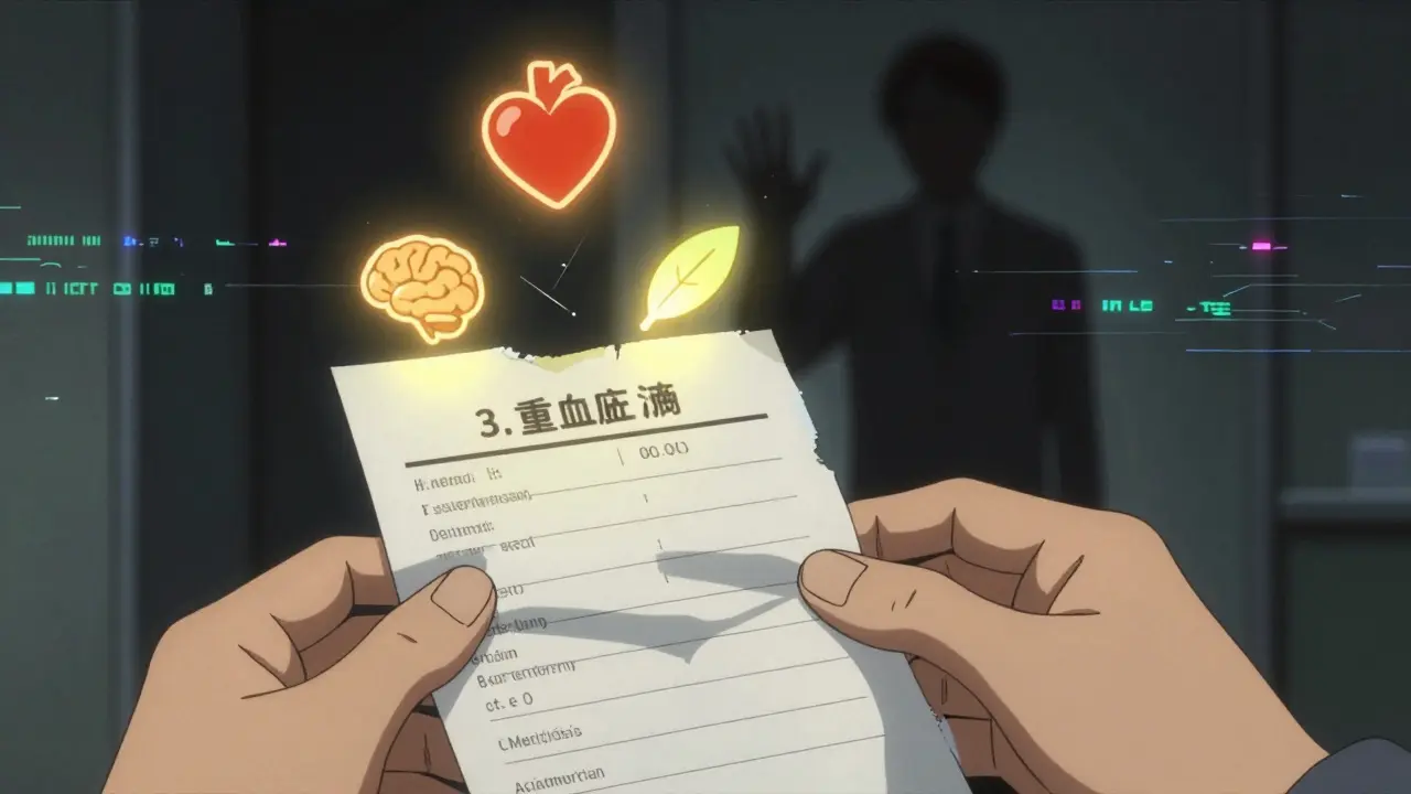 A trembling hand holding a printed medication list with floating holographic health icons.